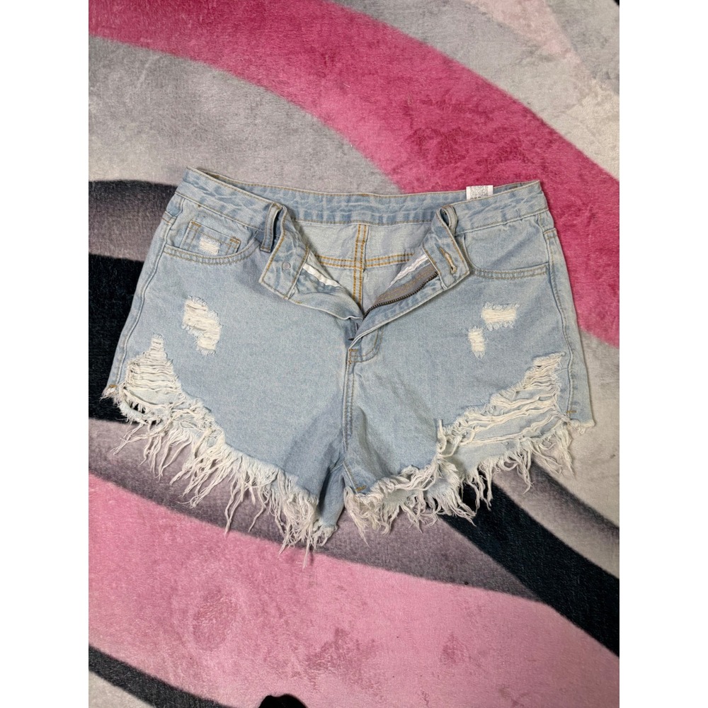 SHEIN Women Light Wash Distressed Denim Shorts Frayed Hem High Rise Blue Large